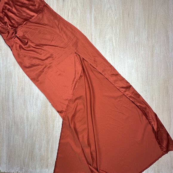 Missguided Rust Orange Satin One Shoulder Draped Slit Midi Cocktail Dress 4 - Picture 10 of 14